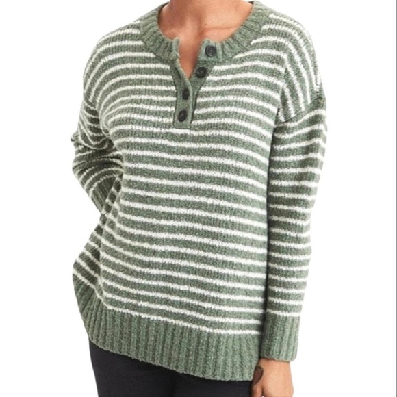 American Eagle Striped Sweater Size Small Oversized Henley Green White Knit - Picture 1 of 5